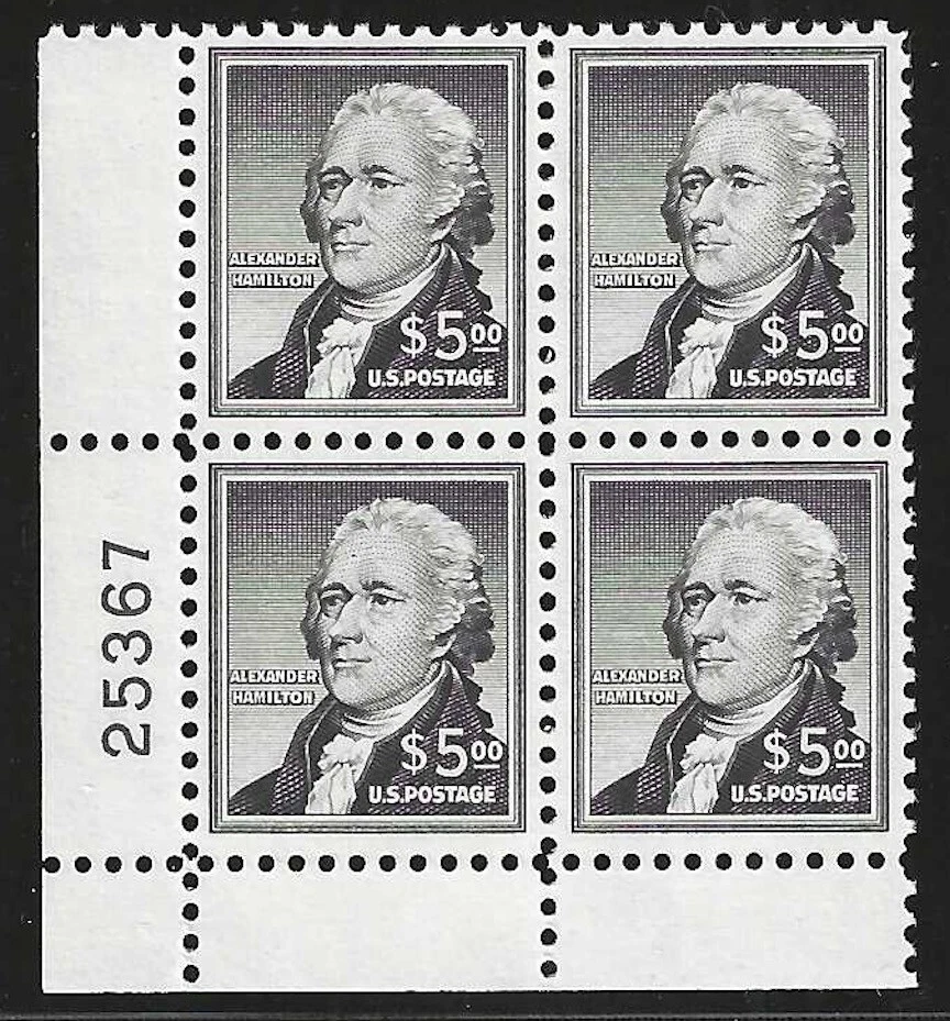 U.S., 1954, Scott #1053, $5.00 Hamilton, Plate Block, Mint, Never Hinged - Image 1 of 1