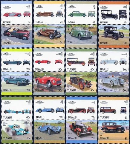 1987 TUVALU Set 5 Collection of 24 Car Stamps (Auto 100 / Leaders of the World) Cover