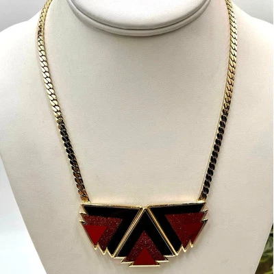 Ben-Amun Designer Red Brown Geometric Gold Tone Pendant Collar Necklace  - Image 1 of 4