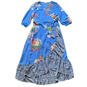 Wrap Midi Fit & Flare Floral Dress L Blue Bell Sleeve Ruffled Romantic Cottage - Picture 1 of 11