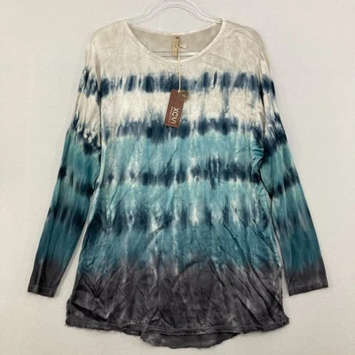 Nuevo Top XCVI Medio Azul Gris Tie Dye Boho Ultra Suave Elastizado Manga Larga Foto 1 de 4