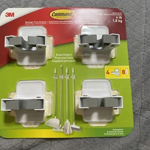 3M Command Adhesive Wall Mounted White Gray Broom Mop Grippers 4 Pk New - Picture 1 of 4