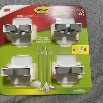 3M Command Adhesive Wall Mounted White Gray Broom Mop Grippers 4 Pk New - Image 1 of 4