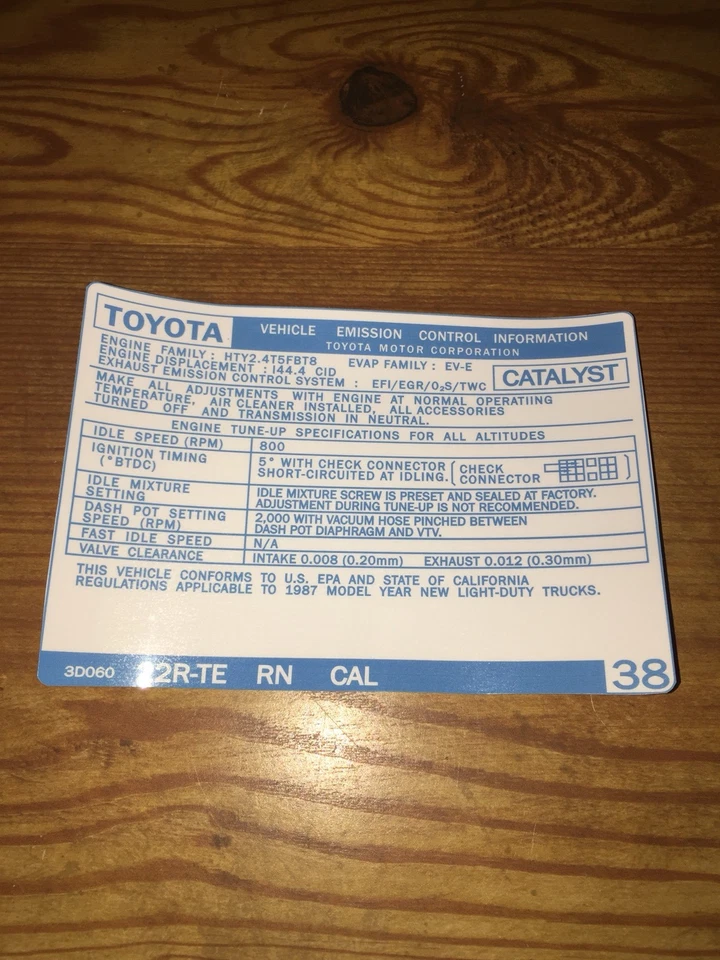 Toyota 1987 camioneta pickup/4runner turbo emisiones calcomanía repro 22rte #38 Foto 1 de 1