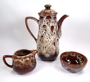 Fosters Pottery Cornwall Honeycomb Drip Glaze Coffee Pot Milk Jug & Sugar Bowl - Picture 1 of 24