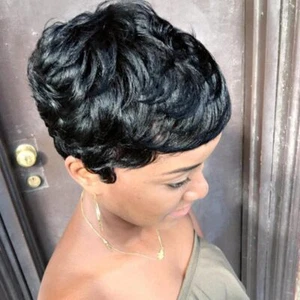 Human Hair Wave Wig Fashion Short Wig Black Pixie Cut Brazilian Hair Wig - Picture 1 of 8