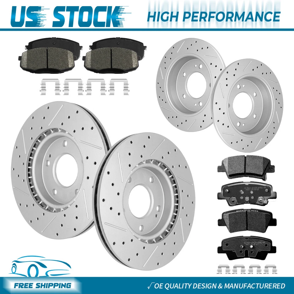 Front Rear Slot Disc Brake Rotors Ceramic Brake Pads For Kia Soul 2014 2015 2016 - Image 1 of 4