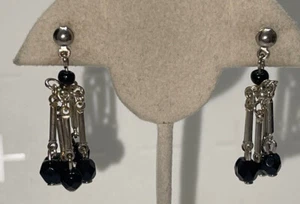 Silver Tone Black Beaded Fashion Jewelry  Pierced Earrings MC-79 - Picture 1 of 7