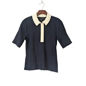 J. Crew Premium Rib Short Sleeve Polo Shirt Womens Size M Navy Ivory NWT CI046 - Picture 1 of 6