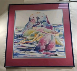 Stampa acquerello con cornice di Richard Pettit 1989 lontra marina - Foto 1 di 13
