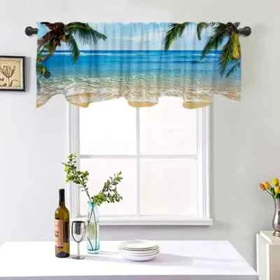 NEW Ocean Beach Theme Tie Up Valances for Windows Natural Tropiacl Sea Blue Sky - Image 1 of 2