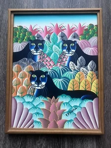 Dschungelkatzen von Fritz Philemon 12 x 16 Zoll Gemälde Öl auf Leinwand primitiv haitianisch A - Bild 1 von 15