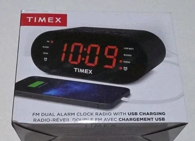 Timex Alarm Clock for Bedroom with FM Radio and USB Charger - Black ~ NEW - Image 1 of 3