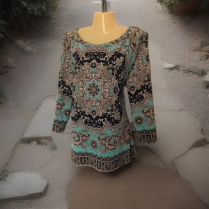 Pflegeleichte Popover Bluse Gr. XL türkis blau Schal Print 3/4 Arm Stretch - Bild 1 von 13