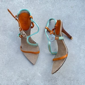 Gucci | GG Logo Buckle Turquoise Cross-Strap Heels (35) - Picture 1 of 9
