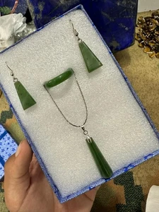 A+ Klasse natürlicher Nephrit Schmuck Set Handarbeit afghanische Halskette, Ohrringe & Ring - Bild 1 von 4