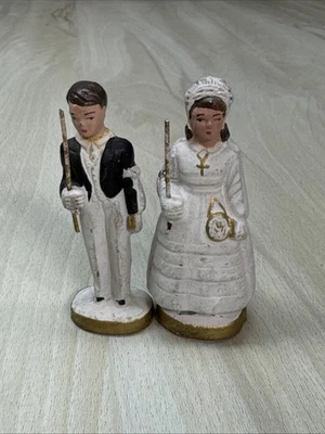 VTG Antique First Communion Boy And Girl  Plaster  Cake Topper Figurines - Image 1 of 4