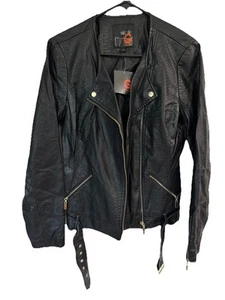 NWT Women’s Guess Black Faux Leather Jacket With Gold Accents Size Medium - Picture 1 of 11