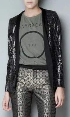 Zara Woman Size S Black Combined Polka Dot Sequin Tuxedo Collar Blazer Jacket - Image 1 of 4