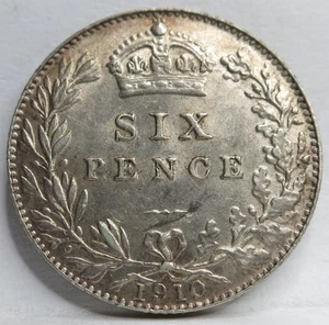 GREAT BRITAIN UK England 6P 6 Pence Sixpence 1910 AU UNC Silver Edward VII #R10 - Picture 1 of 6
