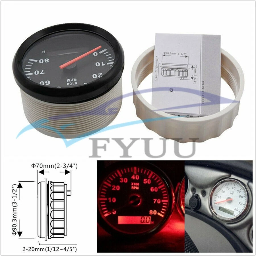 Waterproof 12/24V 85mm LCD Car Marine Tachometer Engine Tacho Gauge 0-8000 RPM - Image 1 of 4