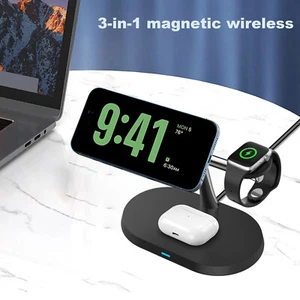 3 in 1 Magnetic Wireless Charger Stand For Apple Watch Ultra 9 8 iPhone 15 14 13 - Picture 1 of 17