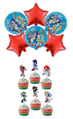 Suprimentos para festa de aniversário Sonic The Hedgehog cupcake toppers e balões - Imagem 1 de 4