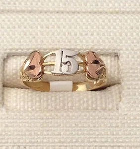 14k Yellow & Rose White Gold 15 Birthday Hearts Quinceanera Ring Band Girl Girls - Picture 1 of 12