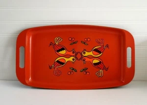 MCM Tray Orange Painted Birds Retro Serving Tray Handles 17x9 - Picture 1 of 11
