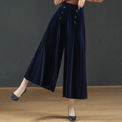 Ladies Retro Velvet Pants Wide Leg Trousers High Waist Casual Culotte Pleuche  - Image 1 of 4