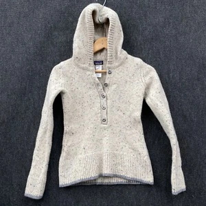 Patagonia Ranchito Womens Small Sweater Hoodie Cream Blue Fleck Merino Wool Knit - Picture 1 of 11