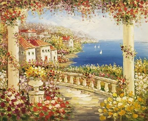 Mediterrane Terrasse #4J-B4, 20x24 - 100% handgemaltes Ölgemälde auf Leinwand - Bild 1 von 6