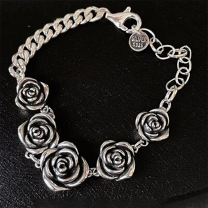 New 925 Sterling Silver Vintage Roses Flower Chain Bracelet Trendy Style Bangle - Picture 1 of 5