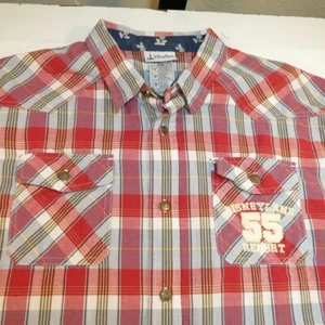DISNEY PARKS DISNEYLAND RESORT WESTERN COWBOY SHIRT Mens M Plaid Red & Blue  - Picture 1 of 5