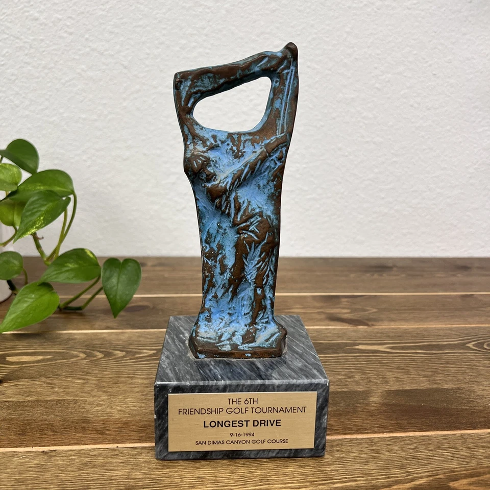 Brutalism Bronze Golf Player Art Sculpture on Marble Base By Sheridan Very 9.5” - Image 1 of 4