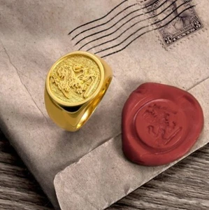 Gold Lion Signet Ring - Men's Medieval Wax Seal Style Jewelry, Classic Royal - Picture 1 of 8