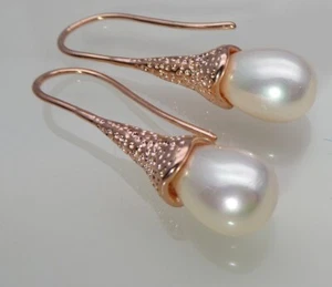 Quality Shell Pearl Teardrop Rose Gold Earrings – Soft Peach - Picture 1 of 4