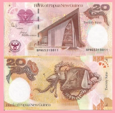 Papua New Guinea P36a, 20 Kina, 35th Anniv, Parliment, boar, conches UNC $10 CV! - Image 1 of 2