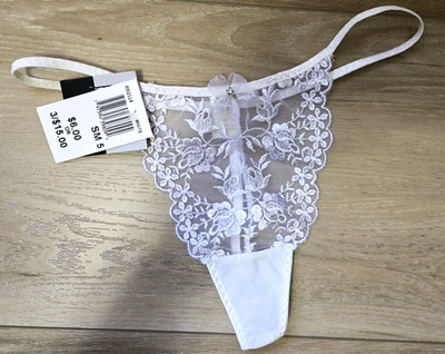 NWT Biatta White Sheer Floral Lace Bridal String Thong Bow Gem Panties S/5 - Image 1 of 3