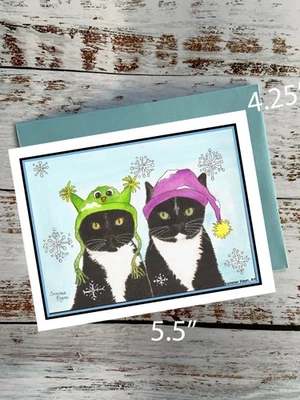 Cute Tuxedo Cats in their winter holiday hats, Christmas,  notecard #0419 - Image 1 of 2