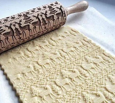 Rolling Pin Christmas Holiday Wood Embossing Reindeer Tree and Snowflake Design - Image 1 of 4