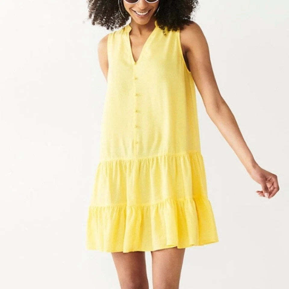 Vestido Nine West Amarillo Lunares Sin Mangas Ligero En Niveles Talla L #3016 Foto 1 de 4