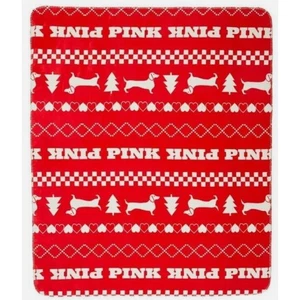 Victoria's Secret PINK Red Dachshund Dog Christmas Sherpa 50x60 Throw Blanket - Picture 1 of 4