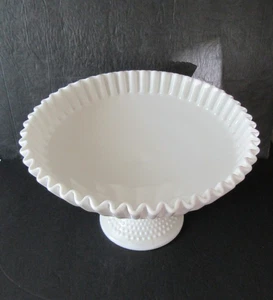 Fenton White Milk Glass Hobnail Compote Footed 11" Wide Bowl MCM Ruffled Edge - Picture 1 of 12