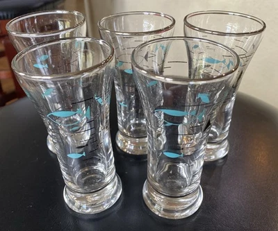 Vintage 5 MCM Libbey Atomic Fish Mediterranean Glasses Tumbler Double Shot Juice - Image 1 of 4