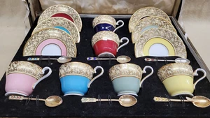 18 Pc. AYNSLEY Mult Color Demi - Cup / Saucer Set w/Sterling Spoons In Orig. Box - Picture 1 of 16