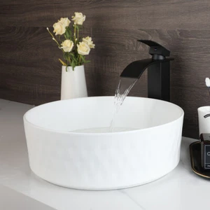 Tocador de cerámica redondo blanco lavabo fregadero cubierta montado y grifo de latón negro - Imagen 1 de 8