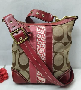 Coach Bleecker Brown Canvas Red Leather Stripe Zipper Crossbody Bag - Picture 1 of 16