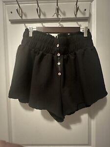 High Rise Paper Bag Waist Black Button Up Shorts