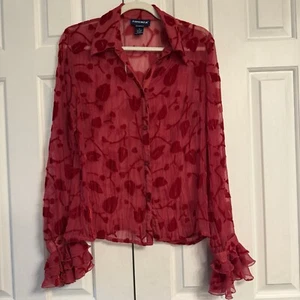 Vintage Forenza Women’s Top Size 10 Floral Red Velvet Burnout Bell Sleeve Y2K - Picture 1 of 13